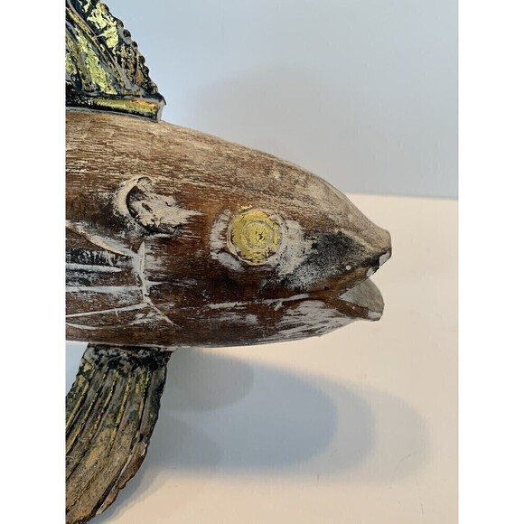 Wood Fish Display Tabletop Retro Metal Fins Nautical Décor Gold Tone Accent - Picture 4 of 10